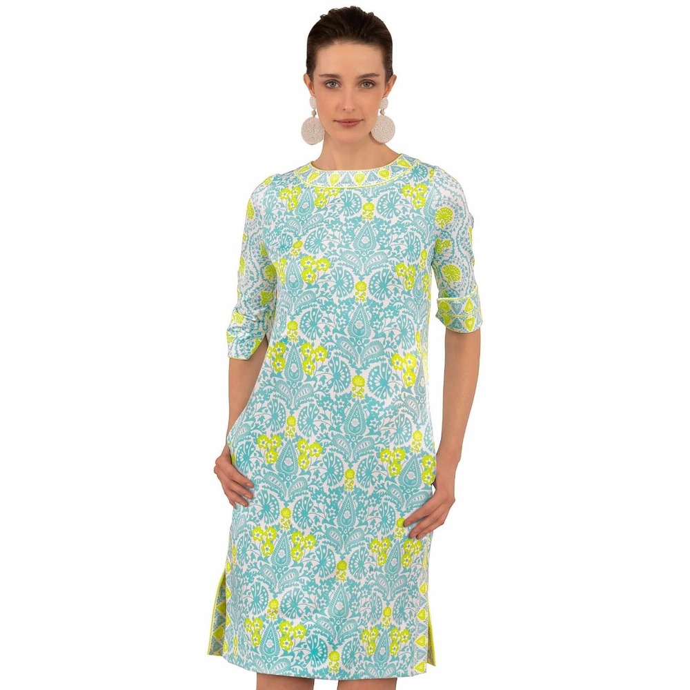Gretchen Scott Jersey Bateau Breeze Dress Size XL Turquoise Lime Preppy Coastal